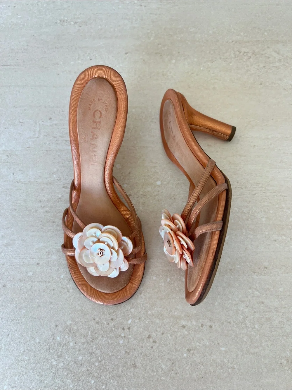 CHANEL Vintage Camellia Shell Sandals
